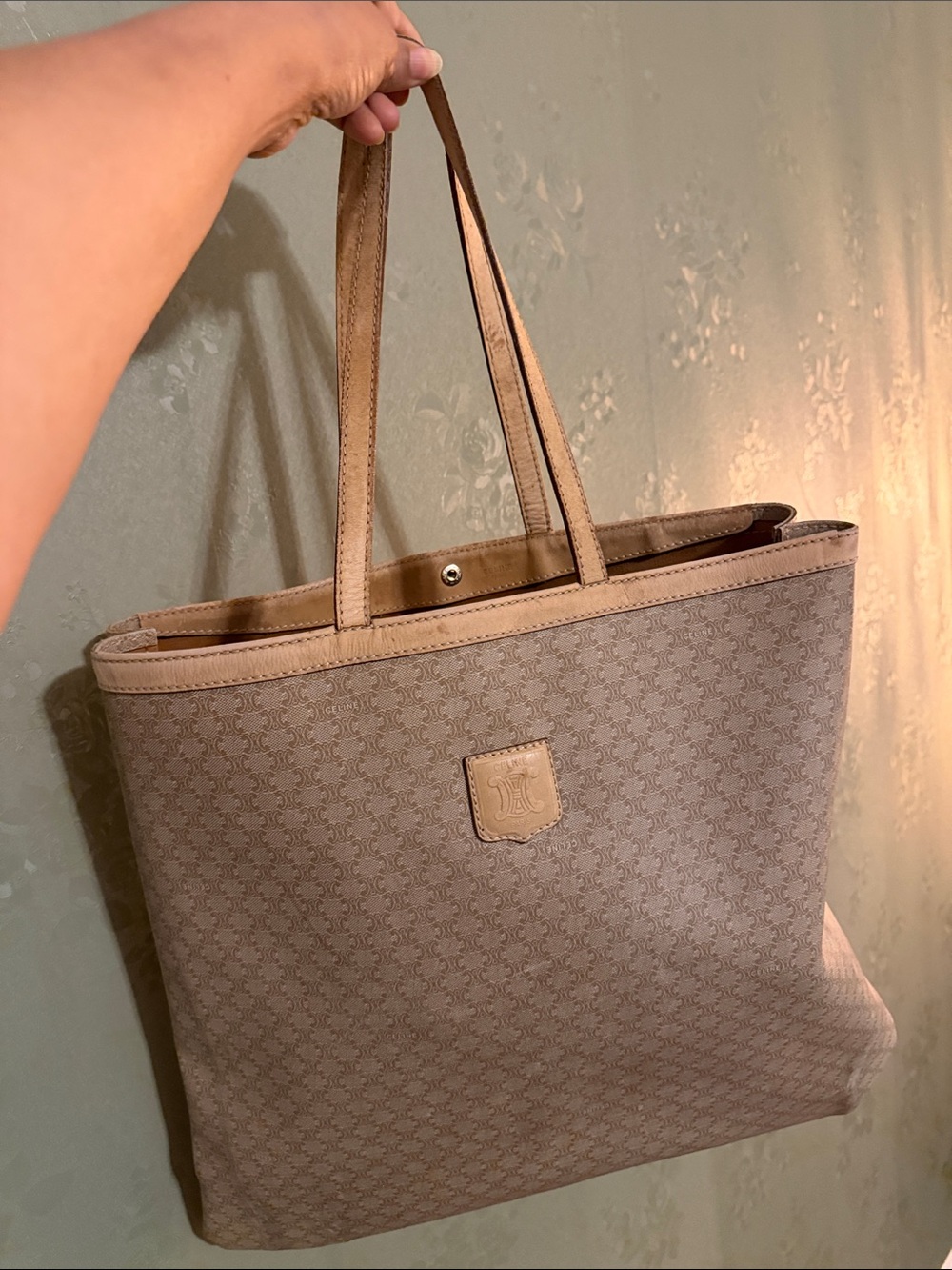 Celine Beige Patterned Canvas Tote with Leather Straps